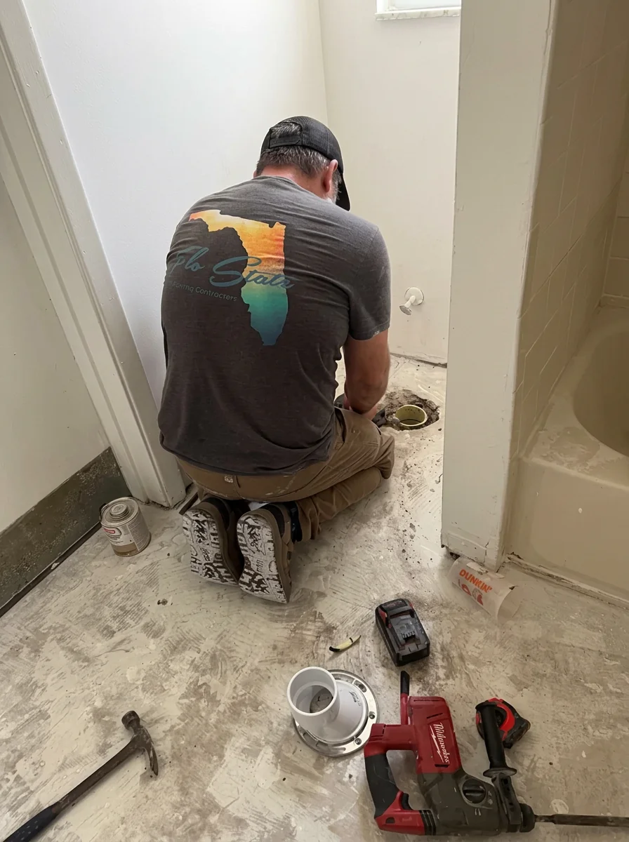 Plumber setting a closet flange on a bathroom subfloor