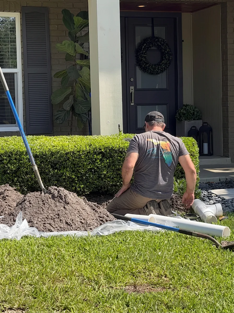 Plumber replacing a main water line in a front yard