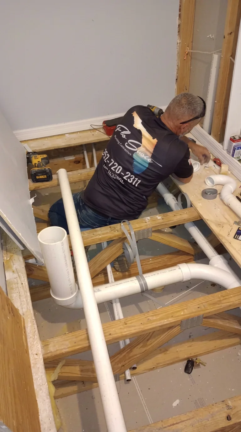 Flo State plumber running new PVC lines during a whole-home repipe