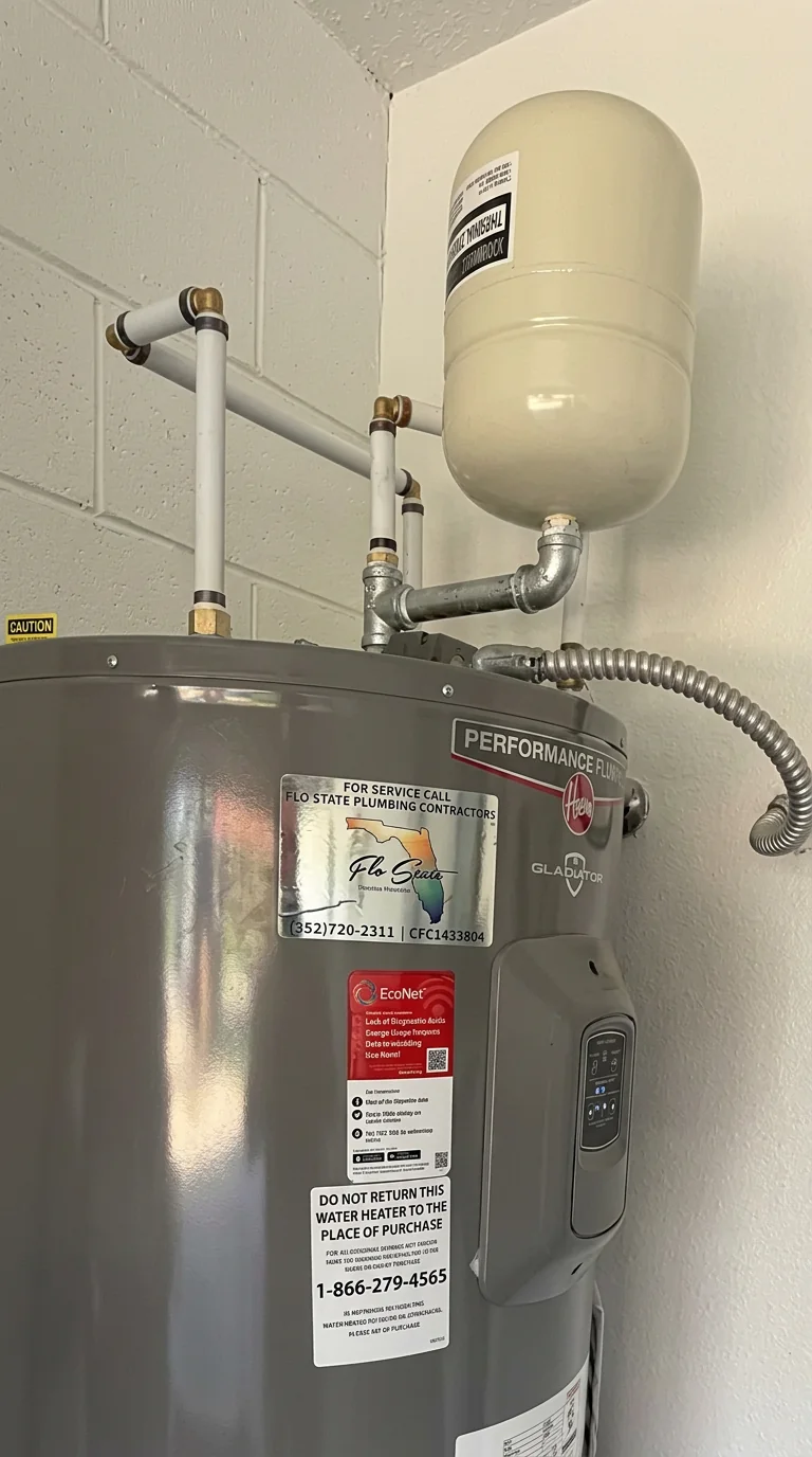 Newly installed water heater with expansion tank and copper connections